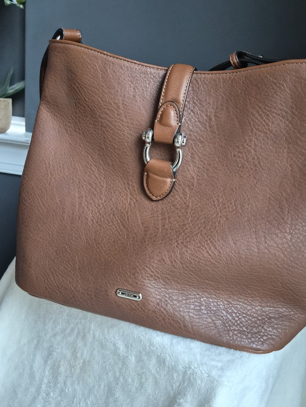 Chaps Brown Pebbled Faux Leather Shoulder Bag Womens Classic Everyday Handbag